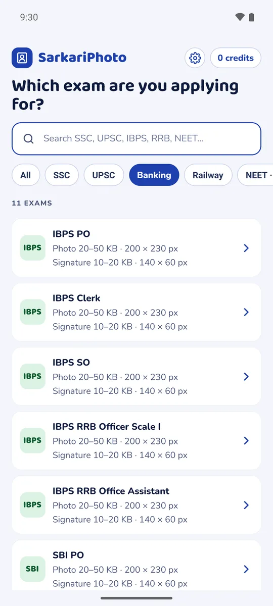 Exam list in SarkariPhoto showing IBPS photo and signature sizes